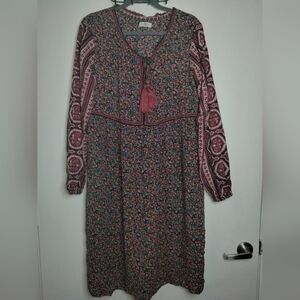 Natural Life (Sz L) Multicolor Floral Tassel Detail Long Sleeves Bohemian Dress